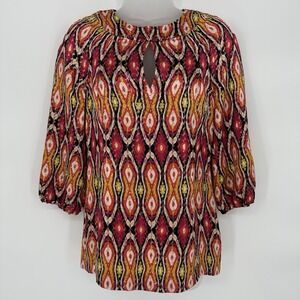 Tory Burch Sz 2 Silk Blend Ikat Metallic Aztec Keyhole Tunic Top Colorful Blouse